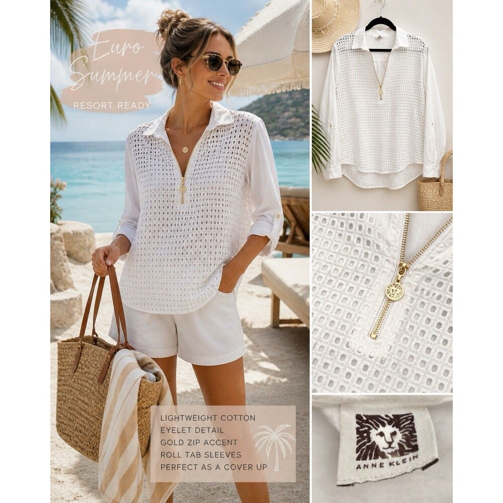 Anne Klein White Eyelet Resort Top Euro Summer Coastal Rich Mom Cover Up M